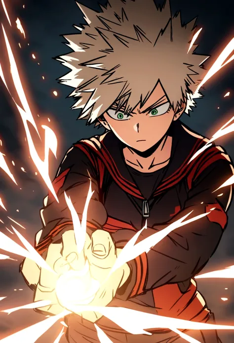 Screenshot of my hero academia, woman with long carmine hair with green eyes, dressed in the UA uniform next to Katsuki Bakugou 