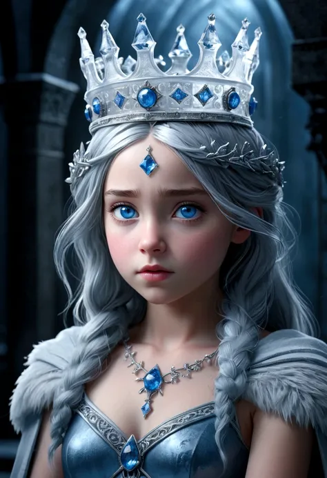 A young girl (9) in a crown of ice, the daughter of Severus Snape, photo-realistic, incredibly detailed, intricate ice crown, icy blue skin, piercing blue eyes, dramatic lighting, fantasy, digital art, highly detailed, cinematic, hyper realistic, dramatic ...