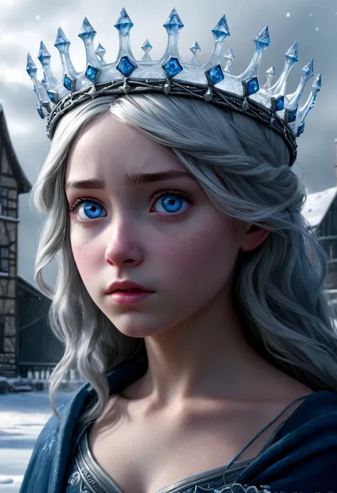 A young girl (9) in a crown of ice, the daughter of Severus Snape, photo-realistic, incredibly detailed, intricate ice crown, icy blue skin, piercing blue eyes, dramatic lighting, fantasy, digital art, highly detailed, cinematic, hyper realistic, dramatic ...