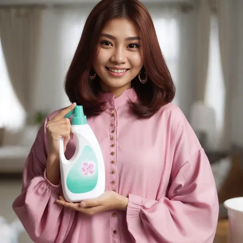 indonesian mother, 27 years old, medium hair, thick hair, pink long kaftan, closed clothes, polite clothes,  one hand holding detergent near the face, medium view, smile, looking at viewer, room bakcground, Ultra HD --v 6.0, high brightness, soft bright li...