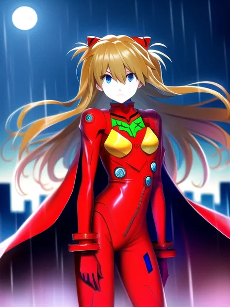 Asuka Langley ,masterpiece, best quality,,city,cyperpunk,night,rain,moon, cloak, cape, cape shoulders and arms 