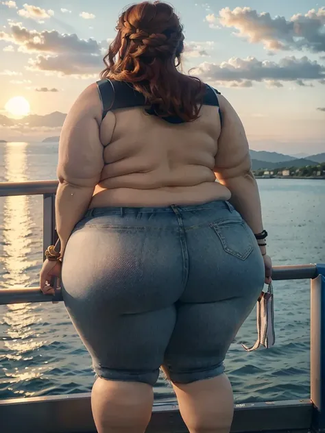 A backview photo of a Beautiful ginger SSBBW, with long wavy light Brownish-ginger braided hair, freckled body thicc fat arms, very thicc wide legs, huge obese booty in tight short jeans, and cute loose dark blue top, standing on a cruise, crusie side next...