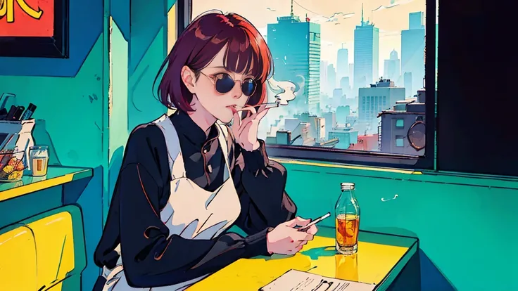 Beautiful redhead Asian girl sitting in a diner early in the morning, Visible from the window, perfect face, sunglasses, Smoking white Taylormade cigarettes, neon black, (with backlight: 1.1), hard shadow, masterpiece, highest quality, Complex, model shoot...