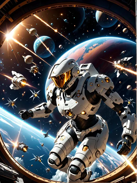 Space soldiers, locked in an intense battle aboard a mothership, defending against an incoming horde of robotic aliens. The soldiers, equipped with advanced armor and futuristic weapons, display courage and determination. Meanwhile, the robotic aliens, dev...