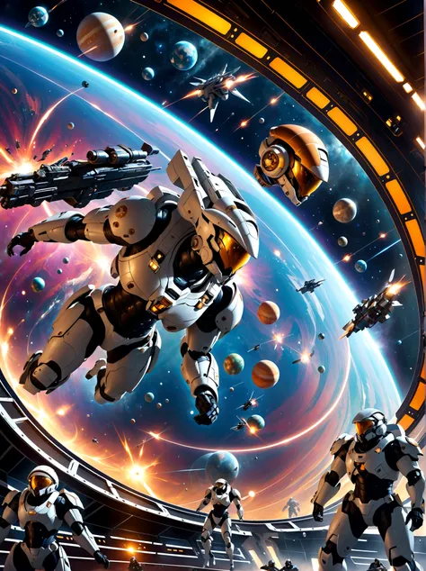 Space soldiers, locked in an intense battle aboard a mothership, defending against an incoming horde of robotic aliens. The soldiers, equipped with advanced armor and futuristic weapons, display courage and determination. Meanwhile, the robotic aliens, dev...