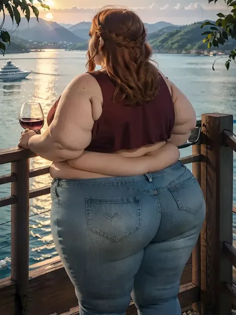 A backview photo of a Beautiful ginger SSBBW, with long wavy light Brownish-ginger braided hair, freckled body thicc fat arms, very thicc wide legs, huge obese booty in tight short jeans, and cute loose dark blue top, standing on a cruise, crusie side next...