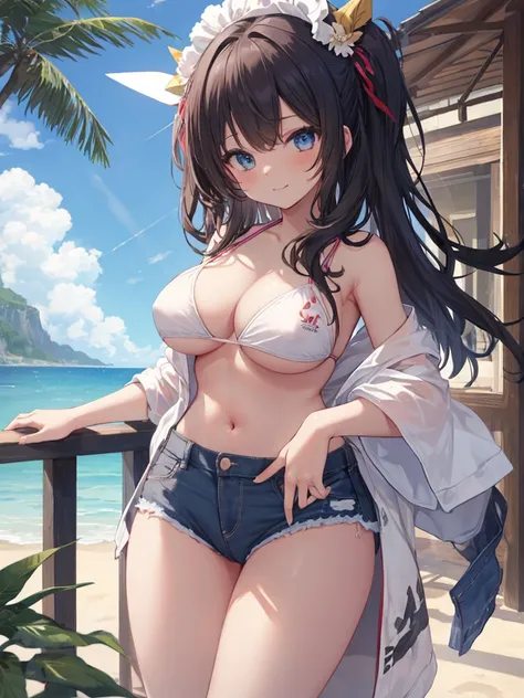 (8K、Highest quality、Highest quality、masterpiece)、Detailed face、One Girl、(Brown Skin:1.2)、Long Hair、Blue eyes、Seductive smile, seductive pose、(Bikini top Only、BikiniTop、Bikini Top、Denim hot shorts、Open Shorts、Unziped shorts、Mini Shorts、No Panties、NoPanties、...