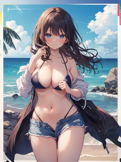 (8K、Highest quality、Highest quality、masterpiece)、Detailed face、One Girl、(Brown Skin:1.2)、Long Hair、Blue eyes、Seductive smile, seductive pose、(Bikini top Only、BikiniTop、Bikini Top、Denim hot shorts、Open Shorts、Unziped shorts、Mini Shorts、No Panties、NoPanties、...