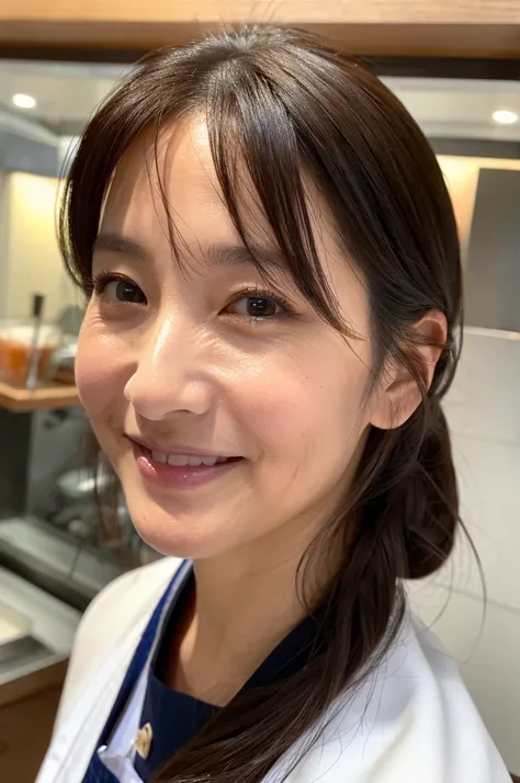 ((Highest quality)), ((masterpiece)), (detailed), Japanese, 40 years old, Beauty, Front face,Face close-up,smile, Nagoya,Facial wrinkles, apron