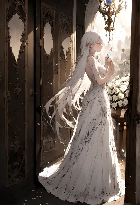 Passing by，(Standing outside the door),Fragments，Close your eyes，Tears，(Kiss the flower in hand)，beautiful，White long hair，((Broken lens))，Starlight，White long skirt