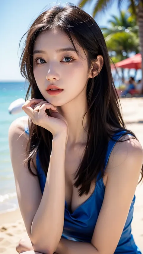 ((high quality,masterpiece,4K,8K)),a cute girl, vogue shoot, model shoot, blue eyes, Black hair, rose color cheek, thin lips, sunny beach, colorful summer outfits
