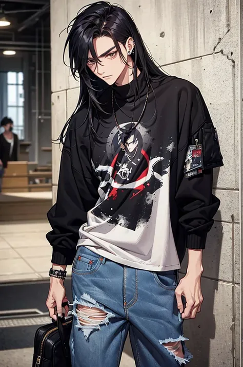 (best quality) (detail), 1 guy, thin, manly, punk, black oversize sweater, baggy jeans, long hair, dark, piercing, black hair