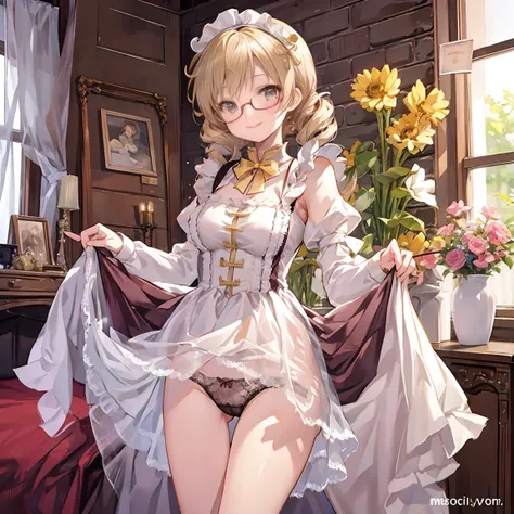 Slim woman wearing glasses、Show your underwear、Sheer lace underwear、Long maid outfit、Mami Tomoe、smile、Bedroom、Are standing