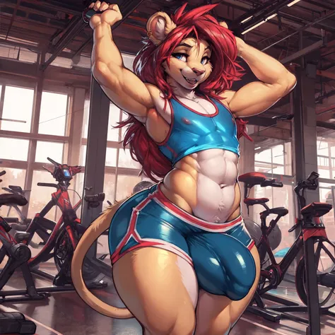 (by zackary911, by darkgem, by wyntersun, by boosterpang), solo focus, solo, 1boy, male, lion boy, cute, girly, femboy, twink, short boy, looking at viewer, smiling, happy, athletic figure, (hyper hips:1.3), (huge bulge), bulgeJ8, penis outline, large ball...