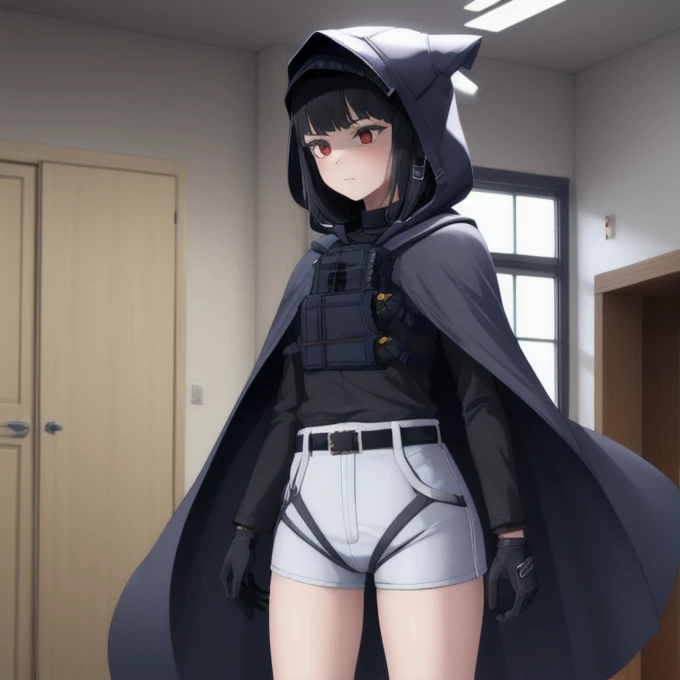 Solo, 1girl, dnikke, long sleeves, hood up, black shirt, gloves, shorts, cloak, cape, belt, tactical clothes, room, standing 