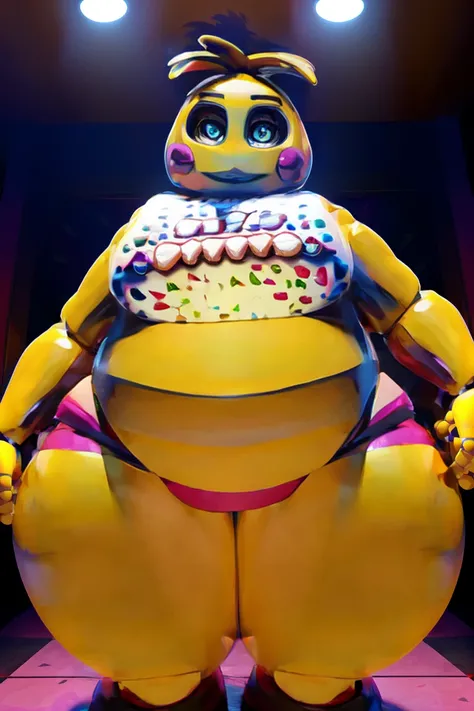 Chica from Five Nights at Freddys, ((insanely big thighs)), ((fat rolls on hips)), ((gigantic hips)), (thin upper body), (massive lower body), thighs several times wider than body, thighs occupy most of frame, ((looking down at her own thighs), ((obese)), ...