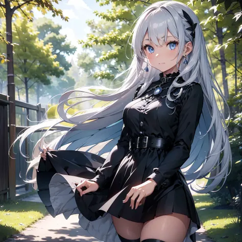 a beautiful woman with long silver hair, pointed ears, and bright blue eyes, wearing a black dress with a high collar and short skirt, a thick silver chain belt with a round silver medallion, black leather gloves, and silver earrings with a small blue sapp...