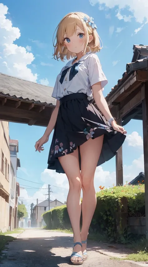  With a girl：Her hair is blonde and long.、Braiding。Her face is round and cute。White and blue dress outfit、Has a floral pattern。white sandal shoes、Ribbons on the ankles。Girl lifts skirt with hands to show panties Scene：There is a beautiful シーン floating in t...