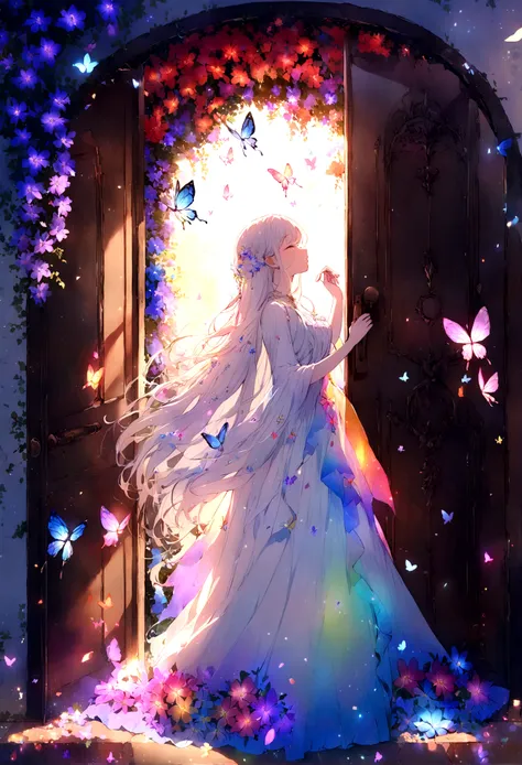 Passing by，(Standing outside the door),Fragments，Close your eyes，Tears，(Kiss the flower in hand)，beautiful，White long hair，((Broken lens))，Starlight，Colorful long dress，Flowers，Butterflies flying