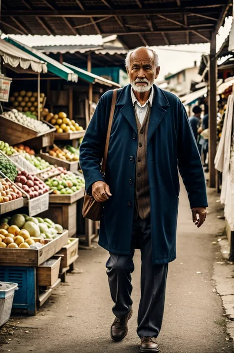 The old man is walking to the market