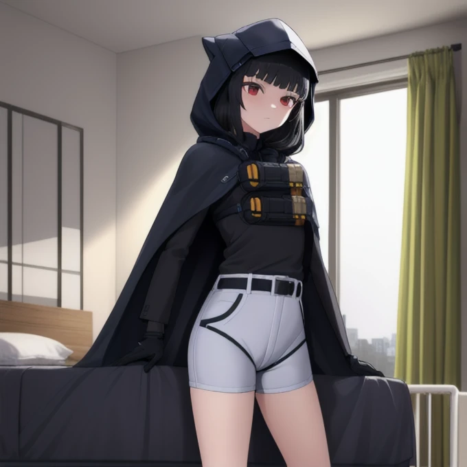 Solo, 1girl, dnikke, long sleeves, hood up, black shirt, gloves, shorts, cloak, cape, belt, tactical clothes, room, standing 