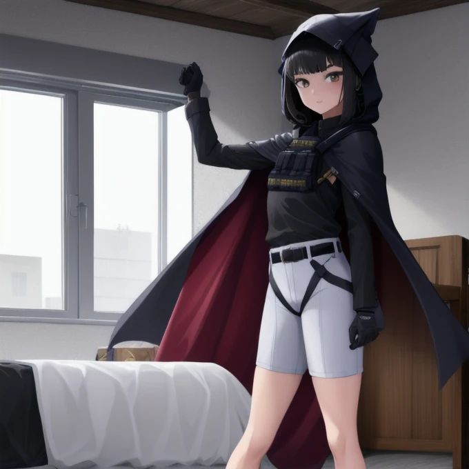 Solo, 1girl, dnikke, long sleeves, hood up, black shirt, gloves, shorts, cloak, cape, belt, tactical clothes, room, standing 