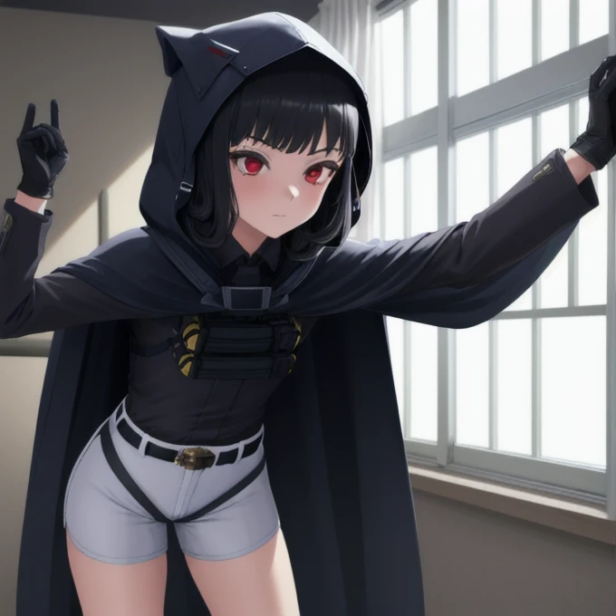 Solo, 1girl, dnikke, long sleeves, hood up, black shirt, gloves, shorts, cloak, cape, belt, tactical clothes, room, standing 