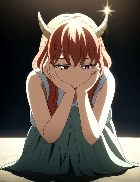 a woman with horns sitting on her knees with her hands resting on the ground, anime style,4k