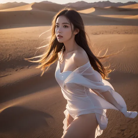 1girl, beautiful young woman, gracefully standing, middle of vast desert, flowing dress billowing in wind, golden sunlight, warm glow on face, striking features, sand dunes stretch out endlessly, sense of tranquility and solitude, realistic painting style,...