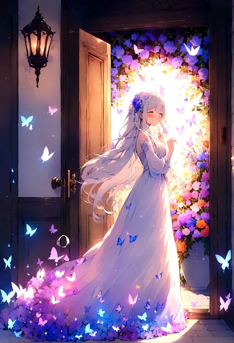 Passing by，(Standing outside the door),Fragments，Smile，blush，close up，beautiful，White long hair，Starlight，Colorful long dress，Flowers，Butterflies flying