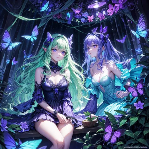 A whimsical depiction of bioluminescent violet butterflies in a dark forest, evoking a fairy tale setting with a hint of magic