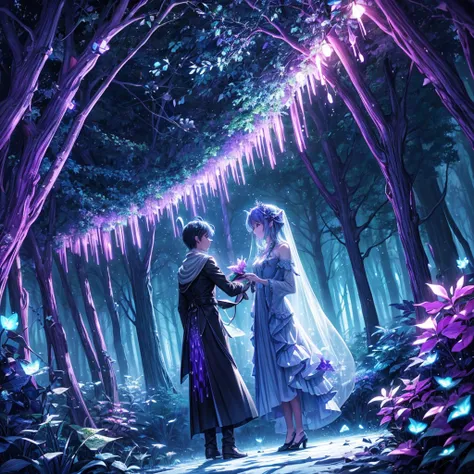 A whimsical depiction of bioluminescent violet butterflies in a dark forest, evoking a fairy tale setting with a hint of magic