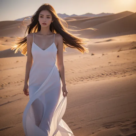 1girl, beautiful young woman, gracefully standing, middle of vast desert, flowing dress billowing in wind, golden sunlight, warm glow on face, striking features, sand dunes stretch out endlessly, sense of tranquility and solitude, realistic painting style,...