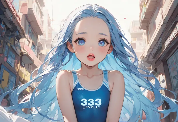 (Characters appear word of "33333"), (solo:2, 15 yo forehead blue hair long hair cute girl, lovely blue eyes, cute open mouth, pink lips), in a One piece swimsuit, BREAK, perfect anatomy, masterpiece, best quality, 16k, beautiful detailed grow, daydreaming...