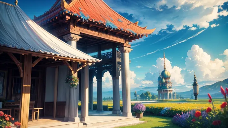 "oil, ((Mysterious Girl)), The sound of a harp echoing through the air, A pavilion surrounded by wildflowers, ((Dramatic cloud formation)), A rich palette, Fantasy World, Magical Aura"