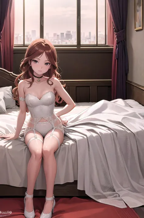 ((最high quality, high quality, masterpiece, High resolution)), Kaminari Natsumi, One girl, alone, , wedding dress, Wearing a choker, Naughty tattoo on belly , bedroom, sitting on the bed, shiver, garter belt, 