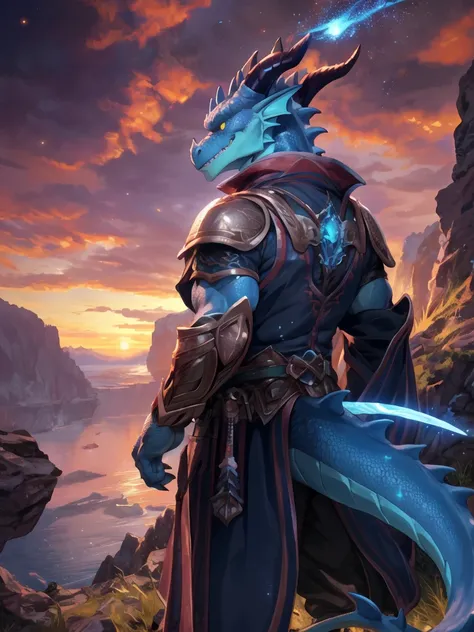 solo, male, mature male, (male anthro dragon:1.3), (blue body:1.1), (standing:1.3), (kemono:1.2), (sunset:1.23), armor, (robe), (looking back:1.2), raised head, (rear view), landscapes, cliff, dawn, horizon, detailed eyes, portrait, dragon tail, horn, (det...