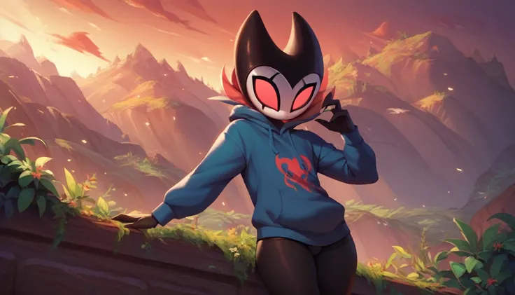 score_9, score_8_up, score_7_up, score_6_up, zPDXL2, grimm (hollow knight), vampire, bat, 1boy, solo, cute face, detailed eyes, anthro, landscape, highlight thighs, blue hooded sweatshirt, outdoor, In the woods, looking at the viewer, (black leggings),(por...