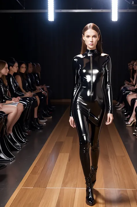 A woman in a leather dress is walking down a wooden walkway, latex dress, latex shiny, wearing latex, latex outfits, Inspired by Vanessa Beecroft, Skin-tight dress, inspired by Alexander Mann, by Alexander Mann, futuristic glossy latex suit, latex, Inspire...