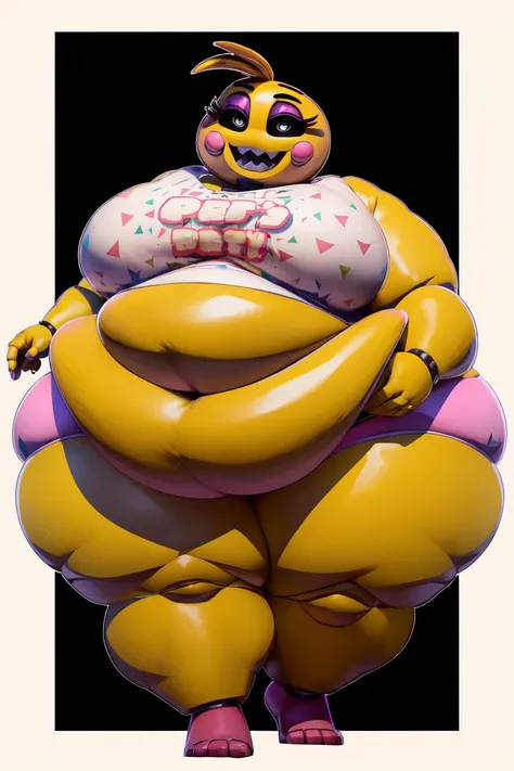 Chica from Five Nights at Freddys, ((insanely big thighs)), ((fat rolls)), ((gigantic hips)), massive lower body, (thighs several times wider than body), thighs occupy lower half of frame, ((massive thighs)), ((ssbbw)), ((obese)), plain pink panties, panti...