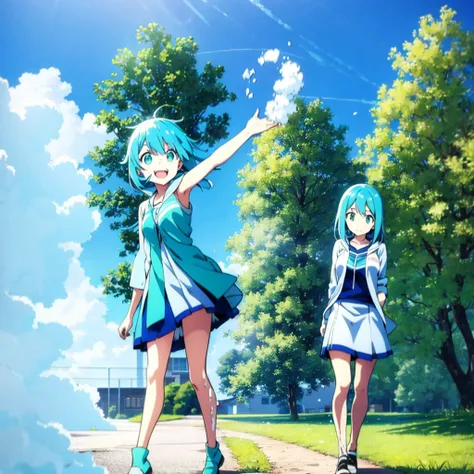 An anime girl with sky blue hair and soapy green eyes wearing a  walking and smiling[3a43477a48]