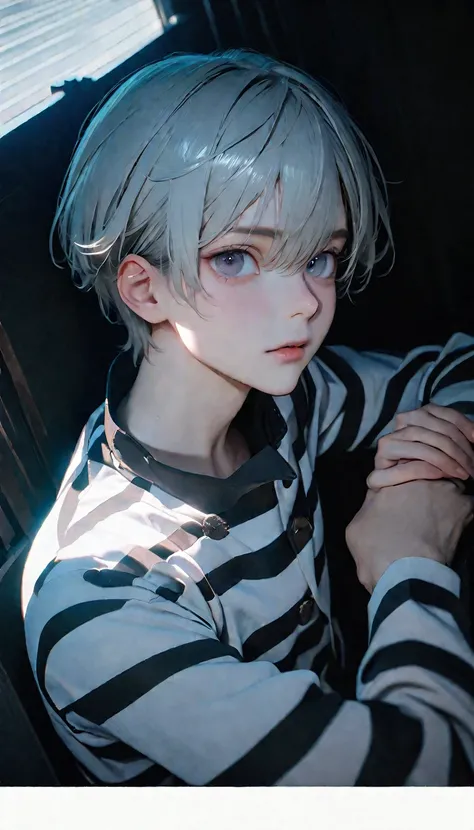 (8K, RAW photos, best quality, masterpiece: 1.4), (((Boy looking at his arm)))，Ultra-high resolution, Extremely detailed, light, Upper body close-up, handsome boy, black eyes, (delicate eyes, Eyes are bright:1.2), Gray short hair, Fair skin,dark, Black and...