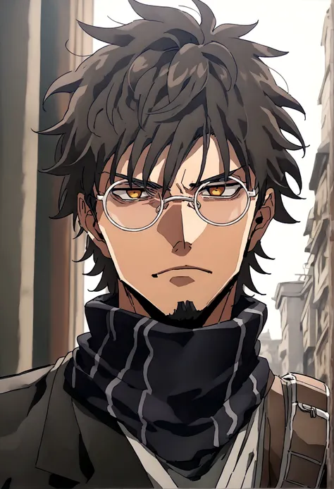 anime man, shaved beard, serious face, black fluffy messy hair, black suit, cool, ((best quality)), black scarf, black waist str...