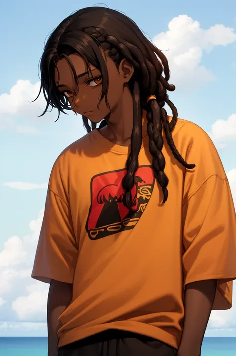 1boy, solo, blunt in hand, hawaiin shirt, brown skin color, messy look, black hair, ((dreadlock hairstyle)), brown eyes, masterp...