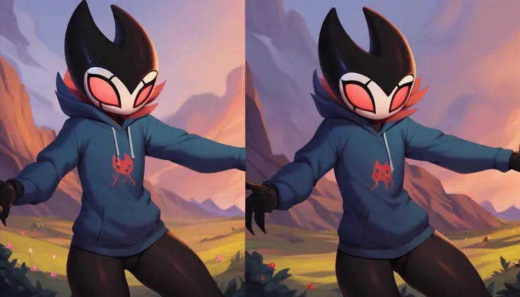 score_9, score_8_up, score_7_up, score_6_up, zPDXL2, grimm (hollow knight), vampire, bat, 1boy, solo, cute face, detailed eyes, anthro, landscape, highlight thighs, blue hooded sweatshirt, outdoor, In the woods, looking at the viewer, (black leggings),(por...