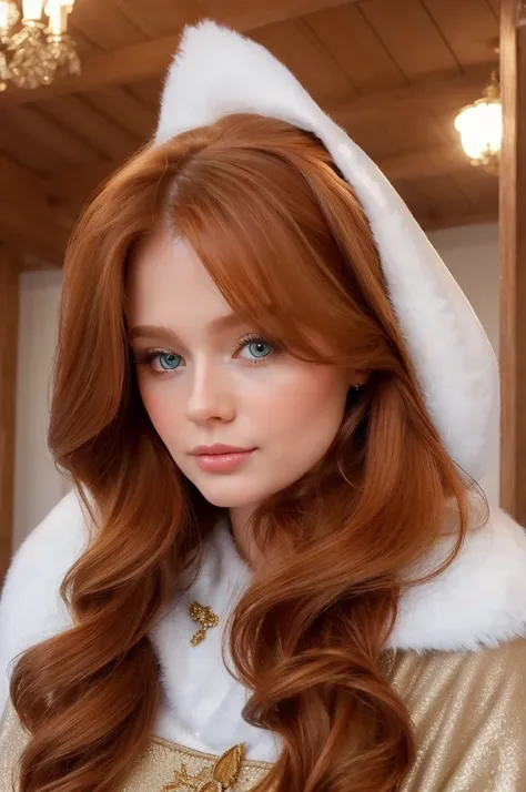 A gorgeous, pretty, shiny, kind-hearted, warm-hearted, sweet, polite, sensitive, friendly, charming, graceful, stylish, classy, alluring, majestic, ethereal, angelical ginger long haired russian woman dressed in traditional winter costumes.