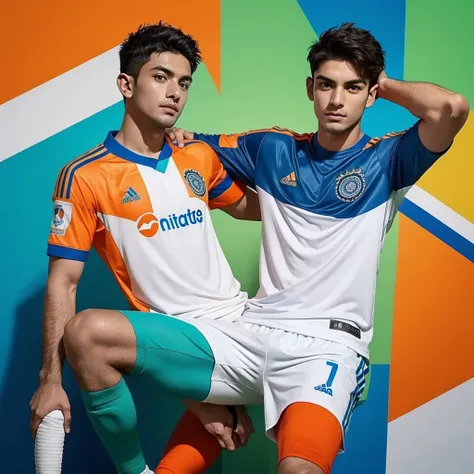 Design and Indian football kit made by Addidas with blue and orange as primary colours for home kit and white and green for away kit . Demonstrate it with a player wearing it and playing on feild