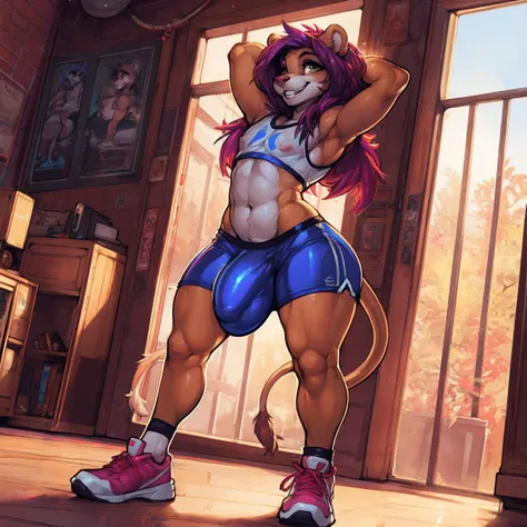 (by zackary911, by darkgem, by wyntersun, by boosterpang), solo focus, solo, 1boy, male, lion boy, cute, girly, femboy, twink, short boy, looking at viewer, smiling, happy, athletic figure, (hyper hips:1.3), (huge bulge), bulgeJ8, penis outline, large ball...