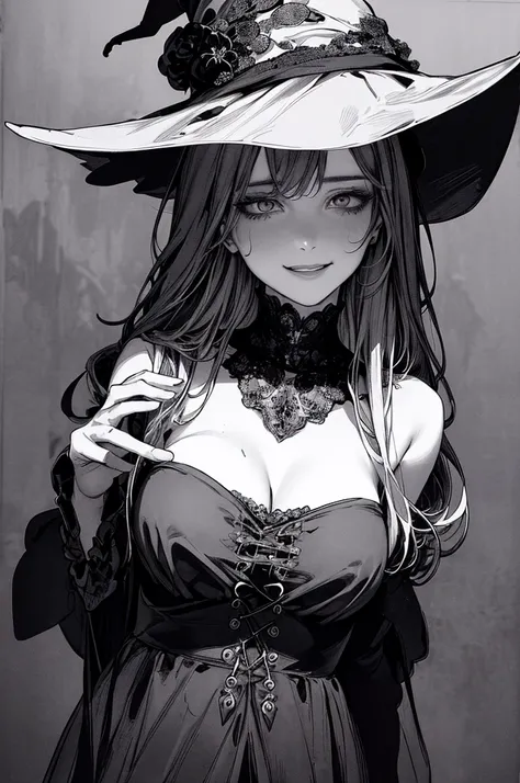 Best Quality, (Background detail), High Contrast, Superb Beauty, Detailed Original Illustration, Sensual, , Witch, Witch Hat, Black Robes, Delicate Face, Charming, Bad Girl, Sexy, Real Breasts, Crazy Smile, Crazy Eyes, Black background, (Black background: ...