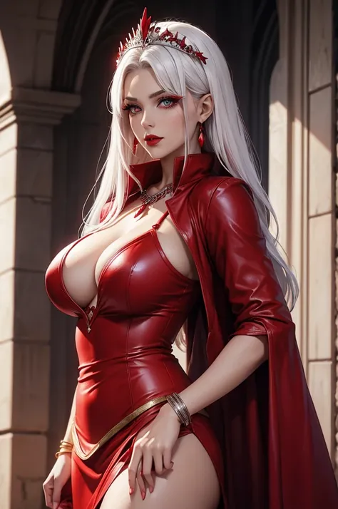 Fire priestess red sorceress robe white hair light eyes red lips firm body perfect breasts cleavage tiara red mascara bracelet short leather skirt 